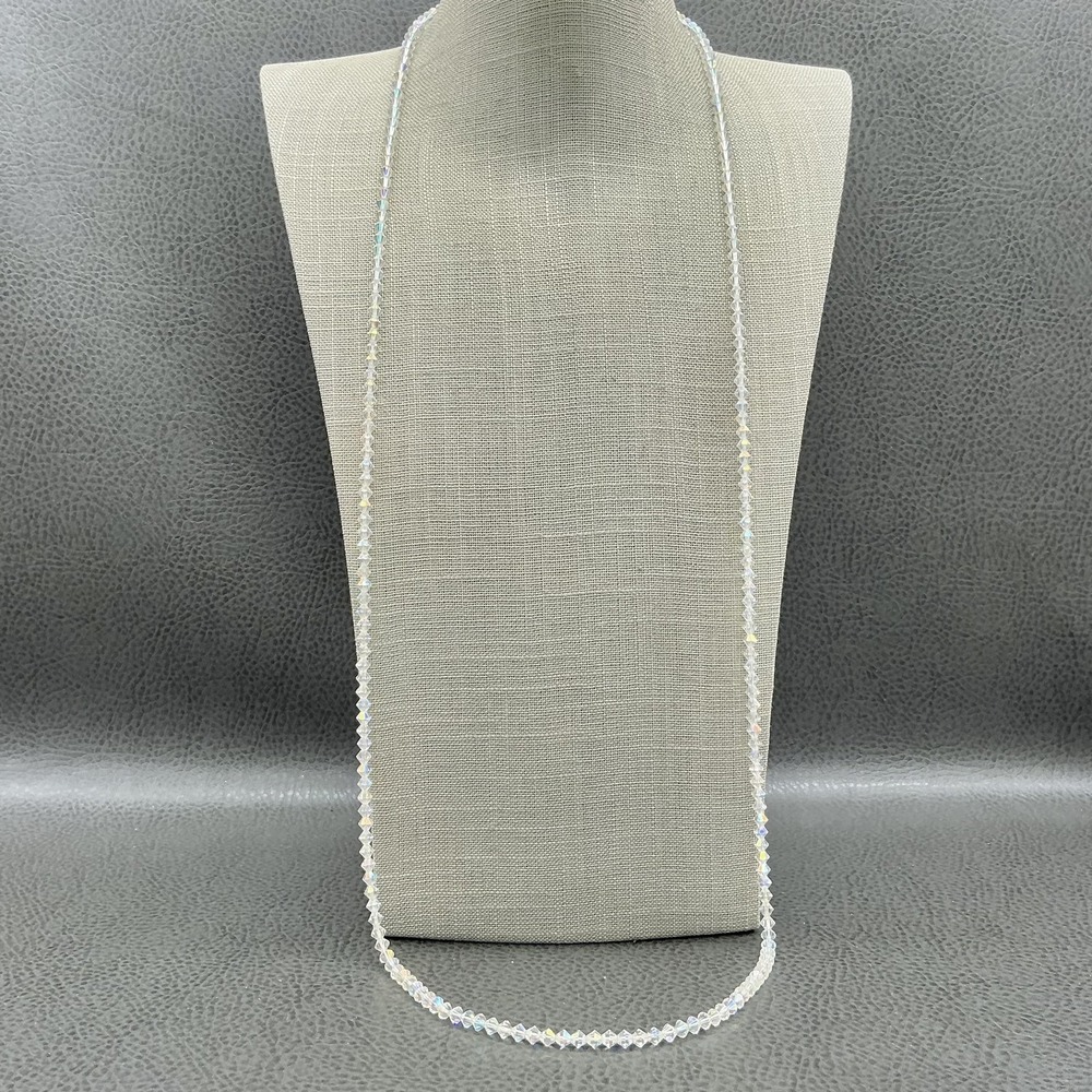 Vintage Necklace Clear Crystal Beaded Single Long Strand Barrel Clasp Womens